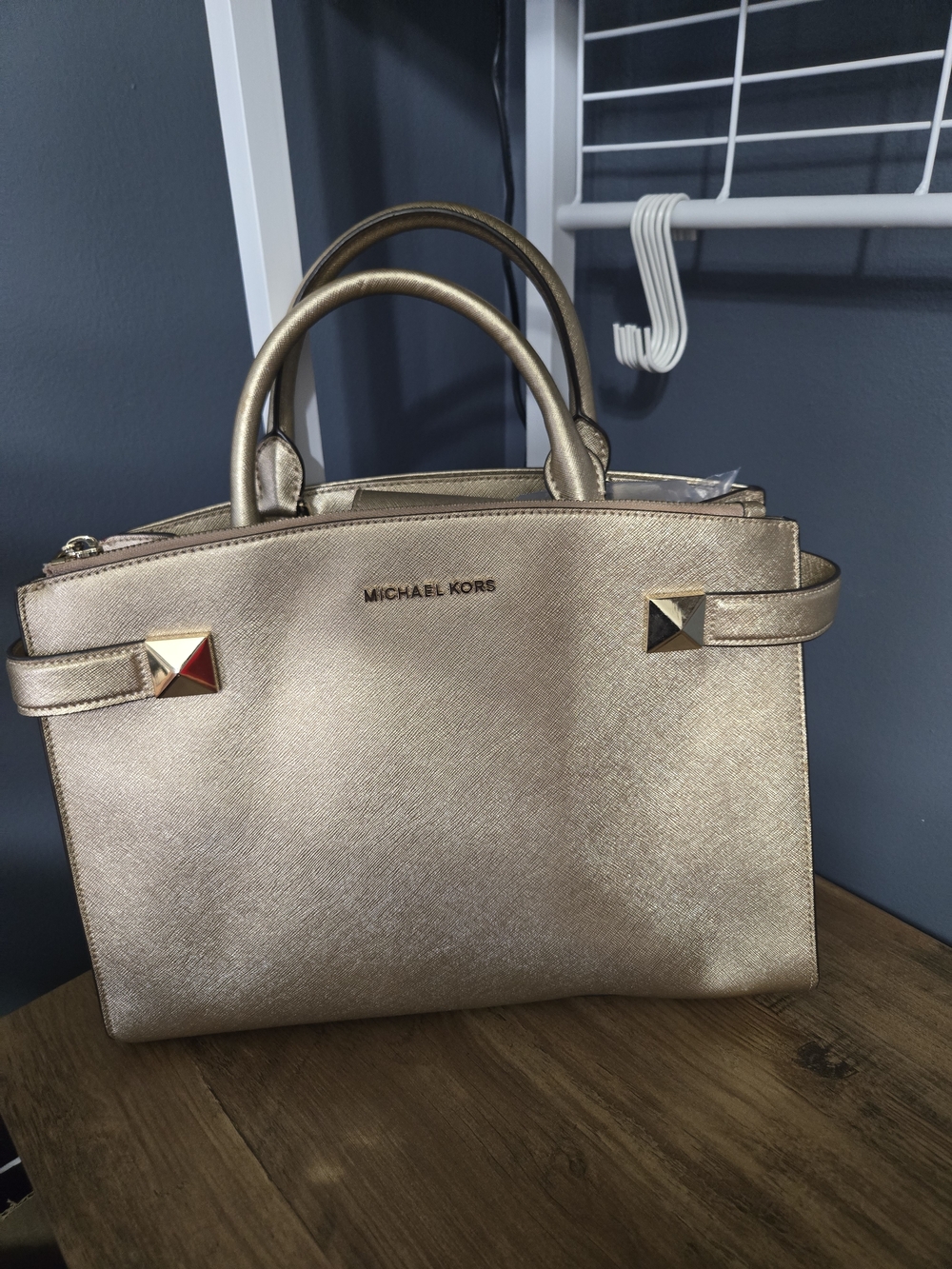 Michael Kors Pale Gold Metallic Saffiano Leather Satchel Large